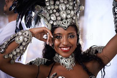 Buy stock photo Happy woman, portrait and samba dancer at festival with fashion for performance at carnival or concert. Face of Brazilian female person or exotic performer with smile for dancing or party in Rio