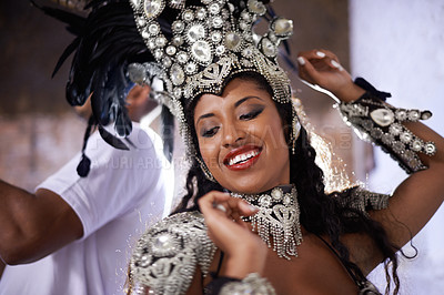 Buy stock photo Happy woman, samba dancer and festival with performance in fashion at carnival or concert. Face of Brazilian female person or young exotic performer with smile for dancing, event or party in Rio