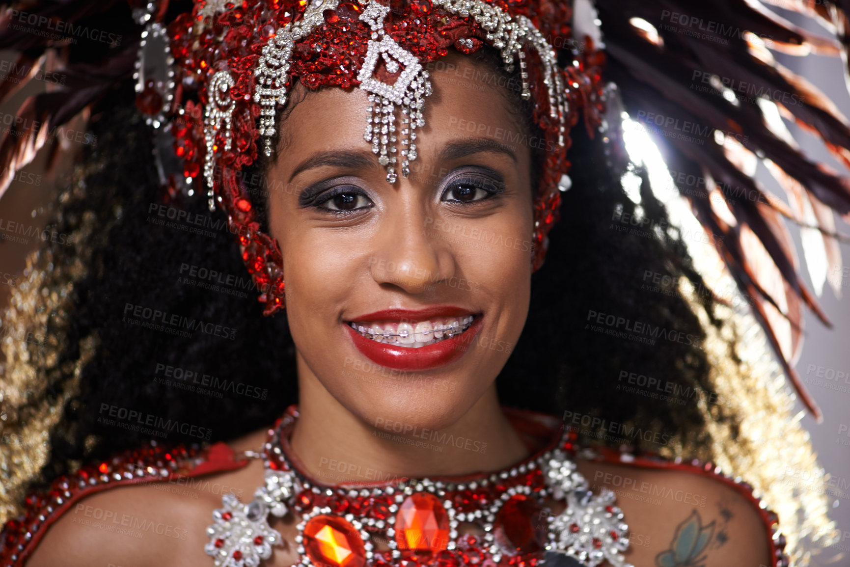 Buy stock photo Woman, portrait and samba performance at night for carnival season in Rio de janeiro, celebration and happy with costume for culture. Female person, festival and unique fashion for dancing at parade