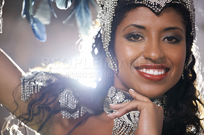 Buy stock photo Woman, confident and portrait of samba dancer at night for carnival season in Rio de janeiro, celebration and happy with costume for culture. Female person, festival and unique fashion with closeup