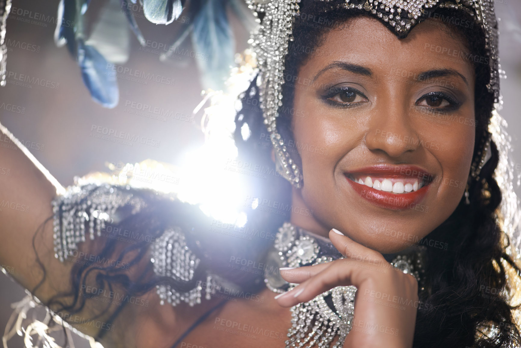 Buy stock photo Woman, confident and portrait of samba dancer at night for carnival season in Rio de janeiro, celebration and happy with costume for culture. Female person, festival and unique fashion with closeup