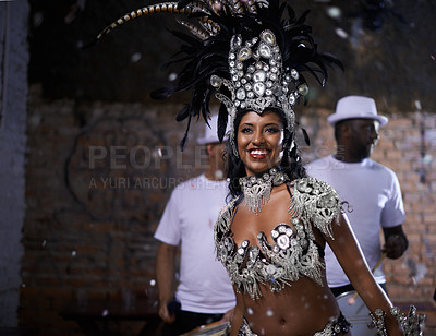 Buy stock photo Samba, woman and dancer with band at carnival in rio de janeiro for brazilian festival with feather costume or smile. Person, face or night with dancing, fashion or music for culture or outdoor event