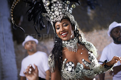 Buy stock photo Carnival, samba and woman as dancer in Rio de Janeiro, joy  and performance for crowd with energy. Female person, artist and clothes from feather for fashion with culture, music and celebration