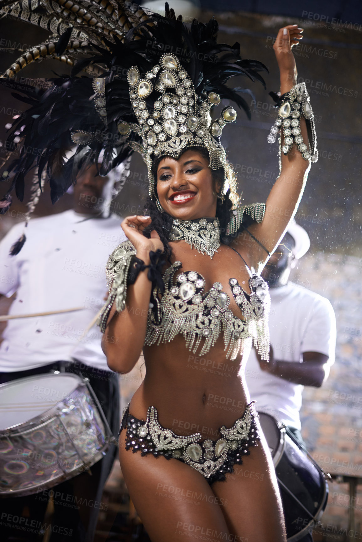 Buy stock photo Carnival, dance and woman for performance in Brazil, dancer with gemstone outfit and feather head gear outdoor. Music, samba and happiness for event and culture with festival entertainment and talent