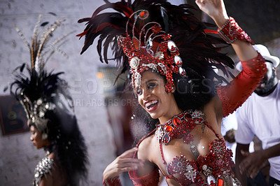 Buy stock photo Happy, dancer and samba for carnival and music festival or night performance with costume and band. Woman, dancing and drums for event, celebration and culture or history in Rio de Janeiro, Brazil