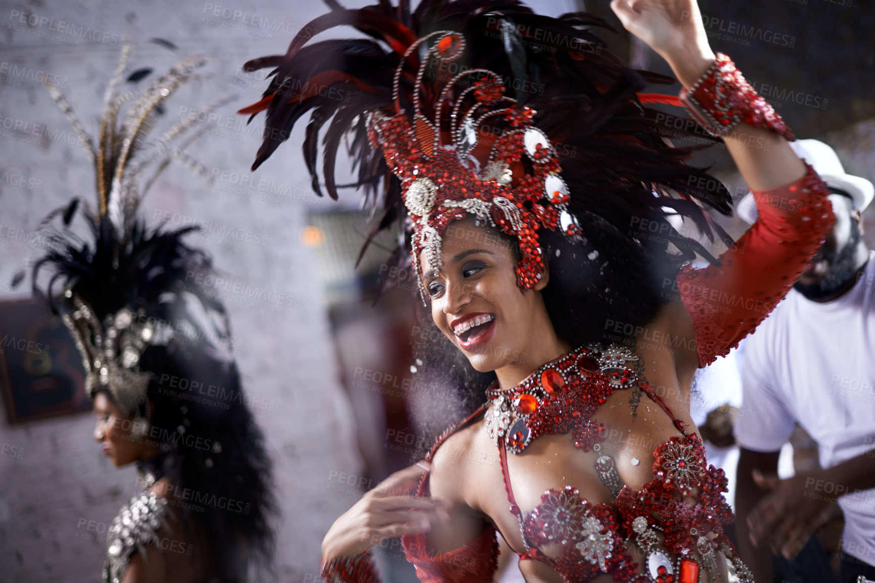 Buy stock photo Happy, dancer and samba for carnival and music festival or night performance with costume and band. Woman, dancing and drums for event, celebration and culture or history in Rio de Janeiro, Brazil
