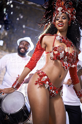 Buy stock photo Black woman, happy and samba with band at night for carnival season celebration in Rio de janeiro with sequins costumes. Female person, dancing and fun at festival with unique fashion for culture