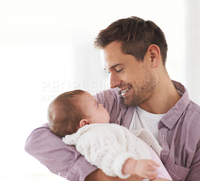 Buy stock photo Love, father or baby with bonding in home for happiness, comfort or playing together for healthy development. Family, man or newborn child with smile, embrace or relax for parenting, care or security