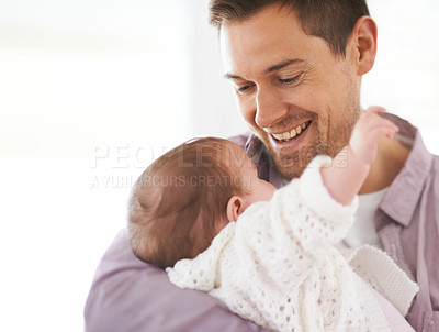 Buy stock photo Family, baby and dad in home with love, hug and care together with parent and bonding. Relax, father and happy in a house with support of a calm infant with childcare and smile with a young girl