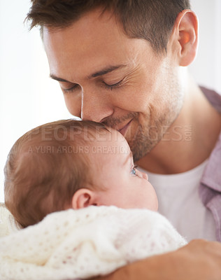 Buy stock photo Love, father and baby with kiss in home for bonding, comfort and playing together for healthy development. Family, man and newborn child with happiness, embrace and relax for parenting, care or smile
