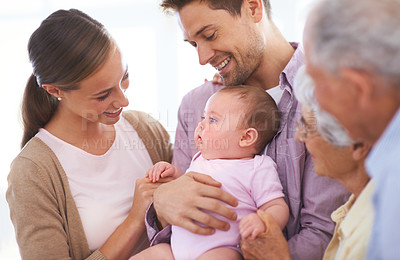 Buy stock photo Family, grandparents and parents with baby for happiness at home, people bonding with love and relationship. Support, trust and smile for pride with generations, childhood and connect with infant