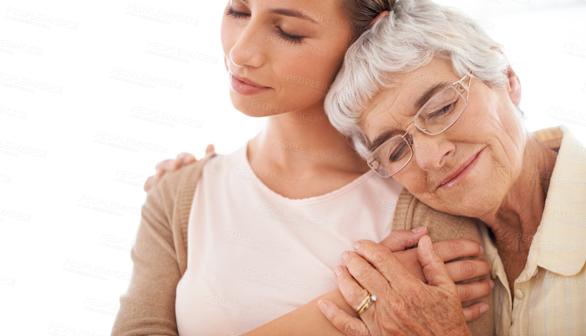 Buy stock photo Hug, love and elderly mother with daughter embrace for bonding, person and smile. Family, retirement and senior parent with woman for support care, affection and relax together on white background