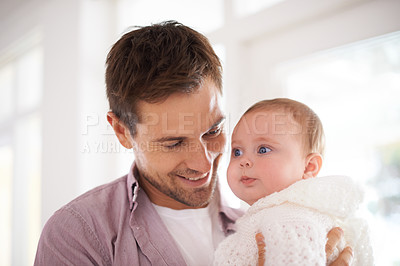 Buy stock photo Father, happy and newborn baby with love, support and care for family, paternity and bonding. Excited dad, man or parent with his child or kid for childhood, development and growth or nurture at home