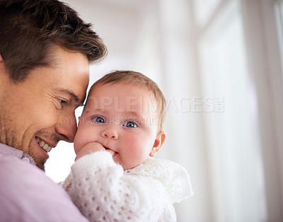 Buy stock photo Love, father and baby with portrait in home for bonding, comfort or playing together for healthy development. Family, man and adorable child with smile, embrace and relax for parenting or mockup