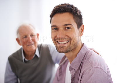 Buy stock photo Father, adult son and portrait with love and bonding at home, respect and care with trust in healthy relationship. Happiness, support and men with time together for pride and loyalty with family