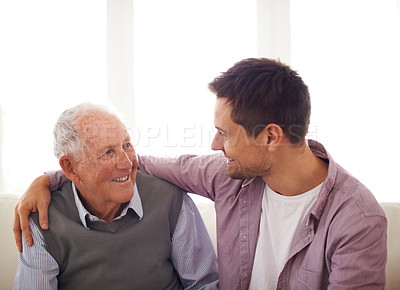 Buy stock photo Shot of a senior father bonding with his son