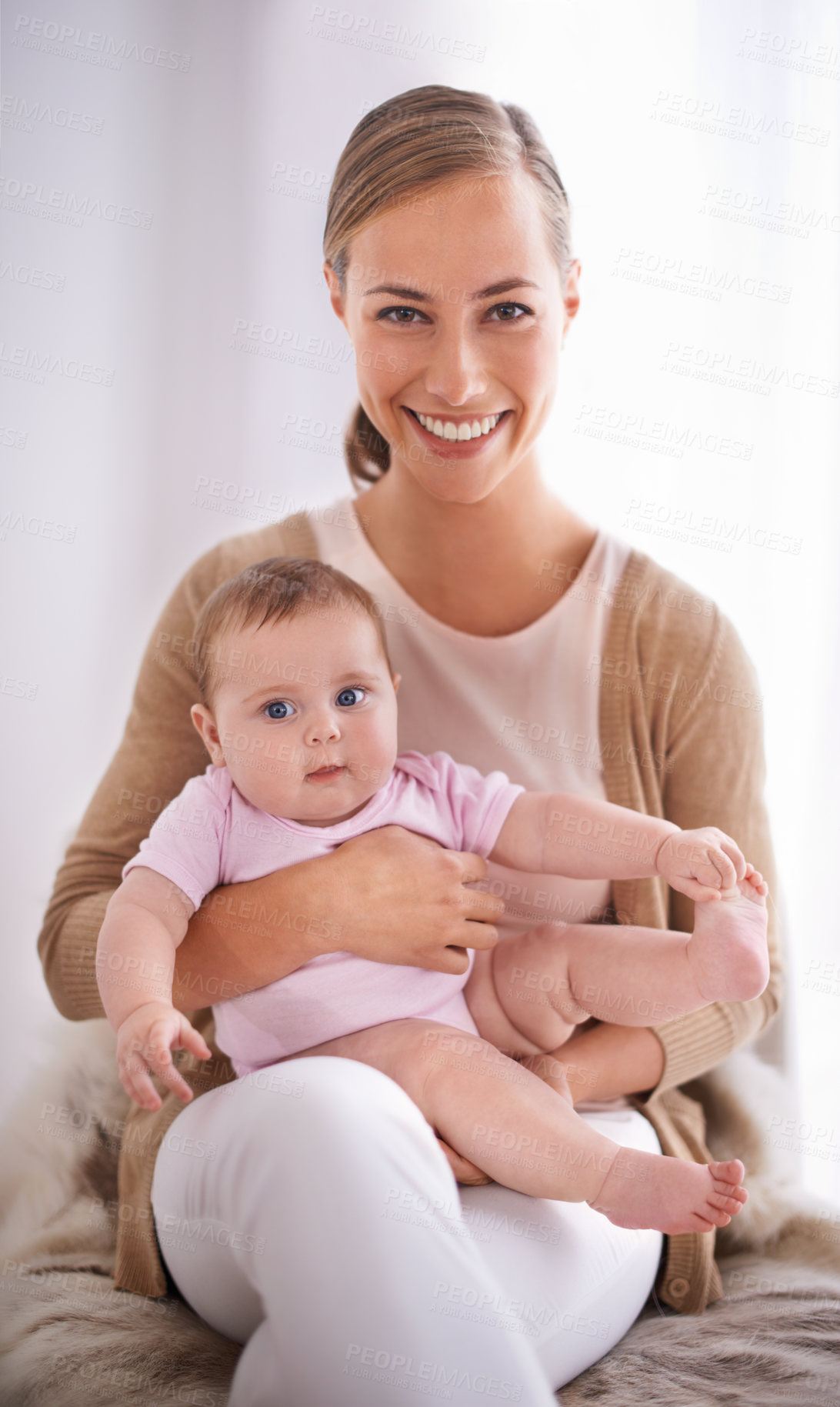 Buy stock photo Mother, portrait and newborn baby on bed with love, support and care for family on maternity. Happy mom, parent or woman relaxing with her child or infant for childhood development and growth at home