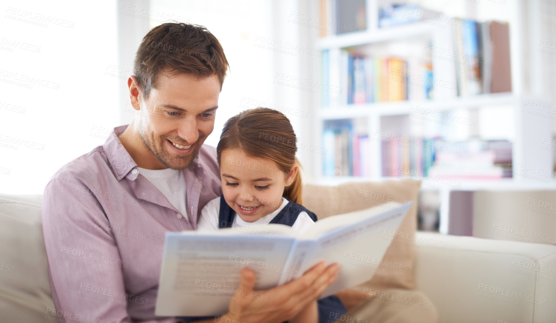 Buy stock photo Father, kid and reading book for storytelling, happy with bonding at home and knowledge for education. Man, young girl and story time for fantasy and learning with love and care together in lounge