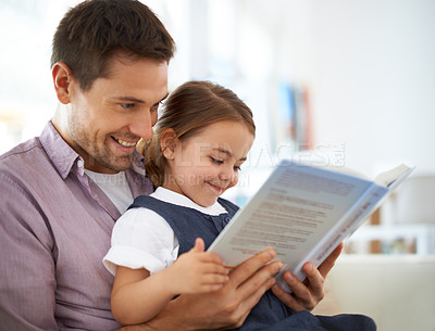Buy stock photo Father, kid with book for reading and knowledge, happy with bonding at home and storytelling for education. Man, young girl and story time for studying and learn with love and care together in lounge