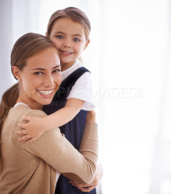 Buy stock photo Mother, child and hug for love and security, happy in portrait with bonding and care at family home. Safety, trust and affection with embrace to nurture and people with joy and comfort for connection