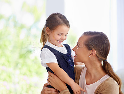 Buy stock photo Mother person, young child and bonding at house, hugging and embracing in family home. Happy, loving and nurturing with affection, smile and single parent or motherhood while sharing sweet moment