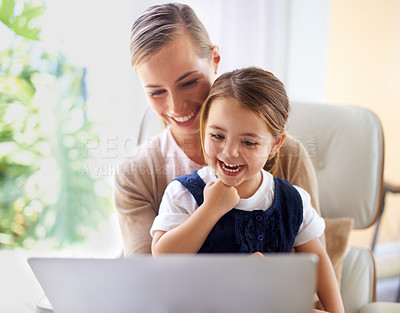 Buy stock photo Laptop, school or elearning with mother and daughter on sofa in living room of home to study together. Education, remote class or homework with woman parent and girl child in apartment for growth