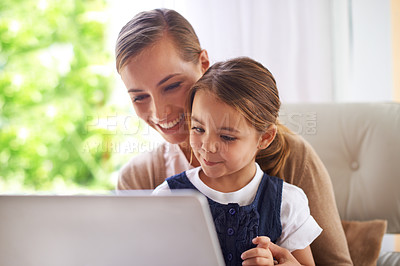Buy stock photo Laptop, education or homework with mother and daughter on sofa in living room of home to study together. School, remote class or elearning with woman parent and girl child in apartment for growth