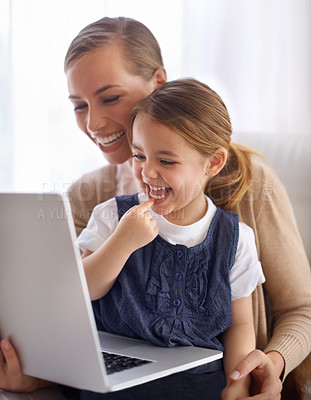 Buy stock photo Laptop, school or smile with mother and daughter on sofa in living room of home to study together. School, remote class or elearning homework with woman parent and girl child in apartment for growth