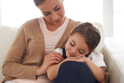 Buy stock photo Family, mother and sleeping child on couch for rest, love and care with security, comfort and bonding in support. Happy woman, young girl and dream during nap with peace, relax and trust at home