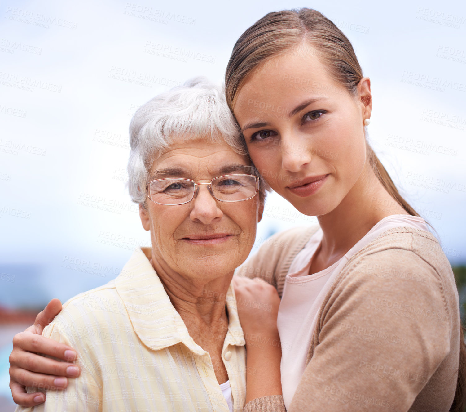 Buy stock photo Hug, nature and portrait of senior mother with daughter embrace for bonding, relationship and love. Family, retirement and elderly parent with affection for woman on holiday, vacation and weekend