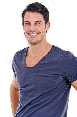 Buy stock photo Portrait, man and smile with confidence for fashion in summer clothing in studio on white background. Confident male model, happiness and tshirt for fashionable, casual and outfit in Ireland