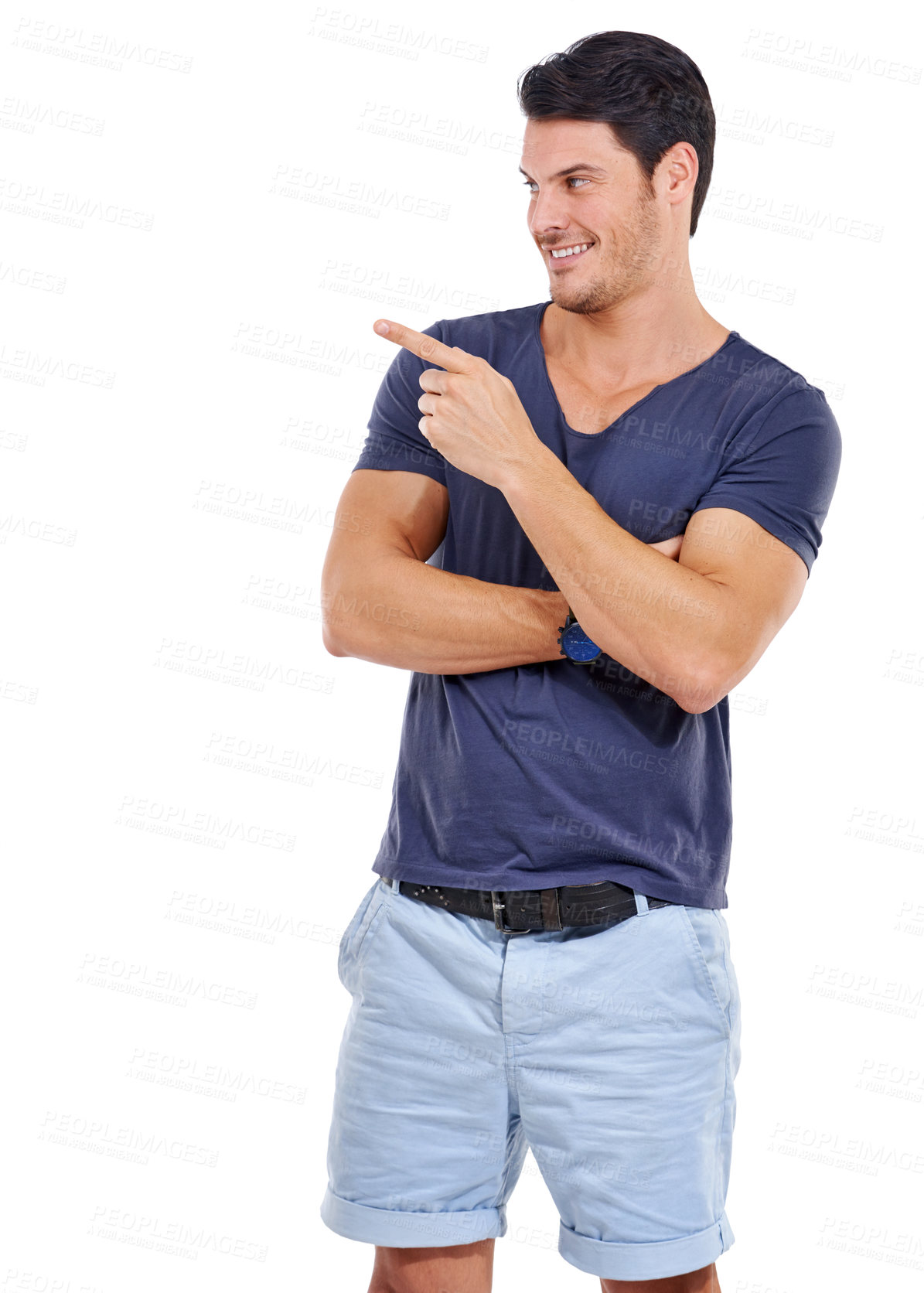 Buy stock photo Man, smile and pointing finger for fashion sale, discount or promotion on mockup on white background. Happy male person, tshirt and shorts for casual, fashionable and summer clothing in Greece