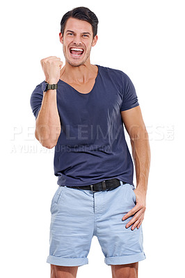 Buy stock photo Portrait, man or smile with fist pump for success, victory or winning in studio on white background. Excited, happy and male winner for celebration of fashion, achievement and triumph on mockup