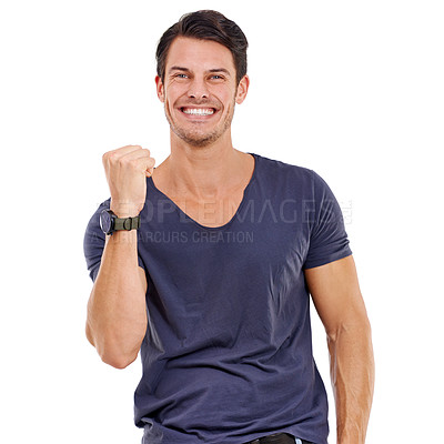 Buy stock photo Portrait, happy and man with fist pump for success, victory or winning in studio on mockup. Excited, male person and smile for celebration of achievement, good news or triumph on white background