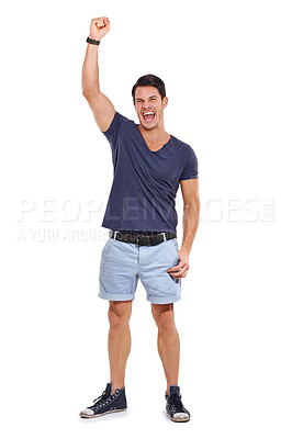 Buy stock photo Portrait, excited and man with fist pump for success, victory or winning in studio on mockup. Happy, male model and smile for celebration of achievement, good news or triumph on white background