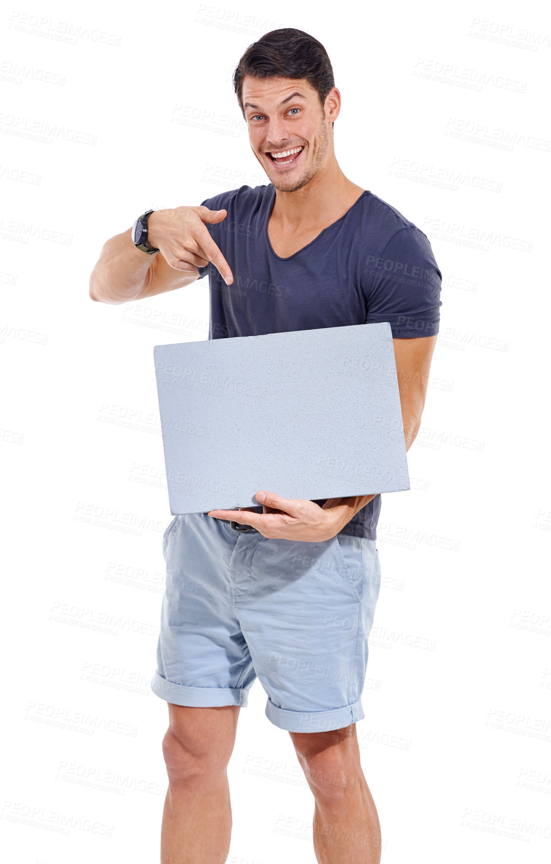 Buy stock photo Caucasian man, studio and advertising with board, casual outfit and smile for point and marketing. Male person, board and portrait for mockup space, white background and confident advertisement  