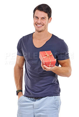 Buy stock photo Happy man, present and studio portrait with smile, casual and gift on isolated white background. Confident, attractive and male model with box, anniversary and celebration surprise on backdrop
