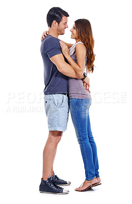 Buy stock photo Couple, hug and happiness in studio with love for romance, bonding or honeymoon date with affection. Marriage, man and woman with embrace, care or smile for anniversary commitment on white background