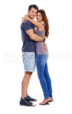 Buy stock photo Portrait, smile and couple hug for love, romance or commitment to marriage isolated on a white studio background. Care, man and happy woman embrace for connection, support or relationship on mockup