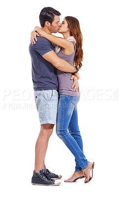 Buy stock photo Hug, love and couple kiss in studio for care, romance or commitment to marriage isolated on a white background. Man, woman and touch lips to embrace for connection, support and relationship on mockup
