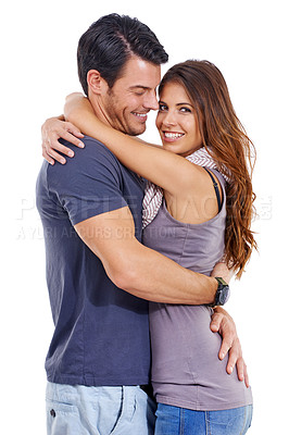 Buy stock photo Portrait, happy or couple hug in studio for love, romance or care for commitment to marriage isolated on white background. Smile, man and woman embrace for connection, support or healthy relationship