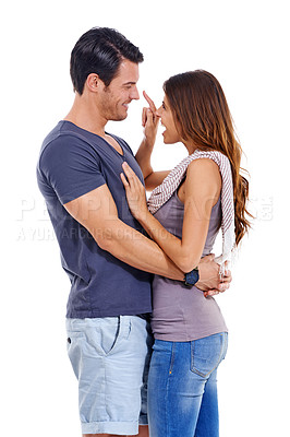 Buy stock photo Flirt, conversation and couple with love, romance and happiness isolated on a white studio background. Marriage, man and woman with hug and relationship with commitment, playing and bonding together