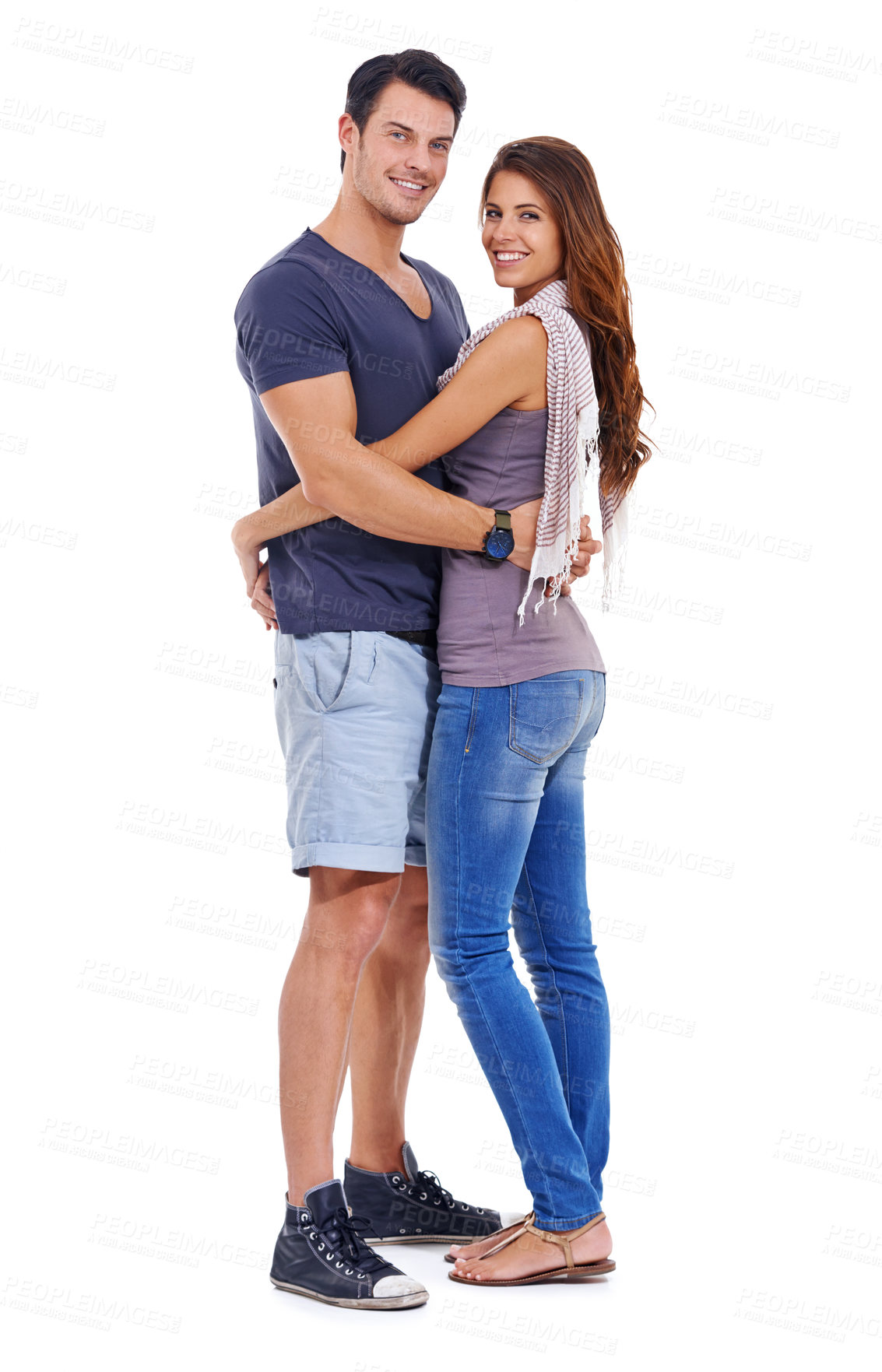 Buy stock photo Portrait, smile and couple hug for love, care and romance in studio isolated on white background mockup space. Happy man, woman and embrace for connection, support and commitment to marriage together