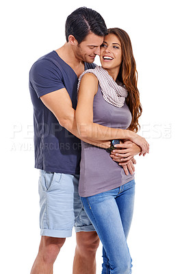 Buy stock photo Couple, hug and smile in studio with love for romance, bonding or honeymoon date with affection. Marriage, man and woman with embrace, care or happiness for anniversary commitment on white background