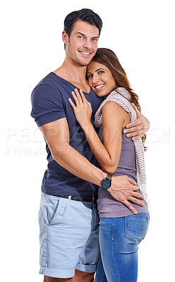 Buy stock photo Portrait, smile and couple embrace in studio for love, romance or commitment to marriage isolated on a white background. Care, man and happy woman hug for connection, support and healthy relationship