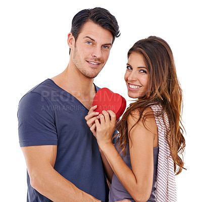 Buy stock photo Portrait, gift and heart with couple, love and symbol isolated on a white studio background. Face, man and woman with box and icon with romance and Valentines day with marriage and relationship