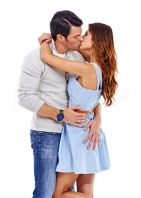 Buy stock photo Couple, hug or kiss in studio with love for romance, bonding or honeymoon date with affection. Marriage, man or woman with embrace, care or relationship for anniversary commitment on white background