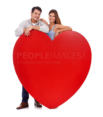 Buy stock photo Couple, happy and heart paper in studio for love, romance and portrait with care and mockup on a white background. Young woman and man  with red emoji, shape and marketing space for valentines day