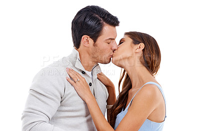 Buy stock photo Couple, kiss for love and commitment in studio, affection in relationship for bonding and care on white background. Romance, support and trust with partner, people and connection with sweet moment