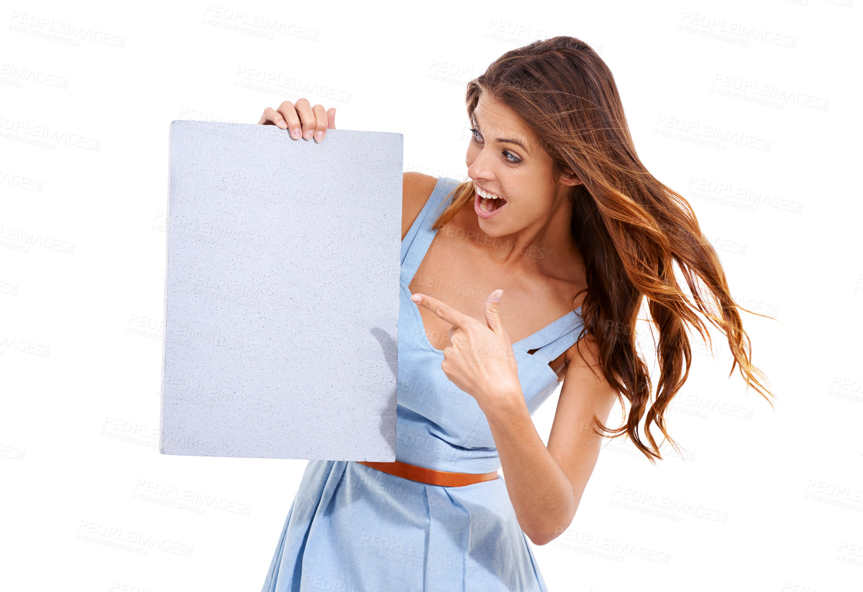 Buy stock photo Sign, excited and woman pointing at poster for mockup, space or advertising isolated on white studio background. Presentation, hand gesture and happy person with information, sale or marketing offer